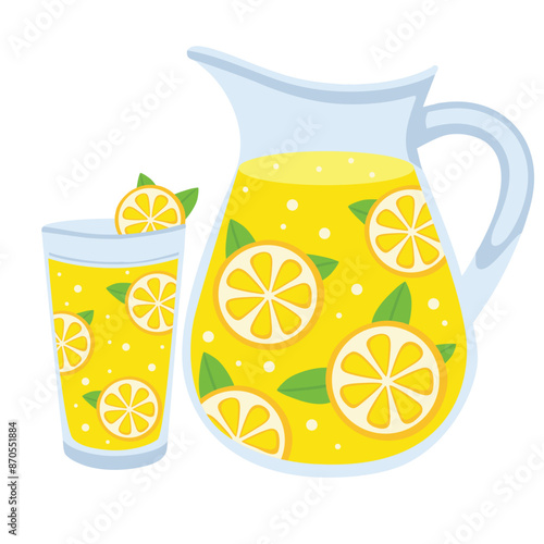 Lemonade in a jug and a glass. Lemon slice and mint leaves. Vector illustration isolated on a white background.