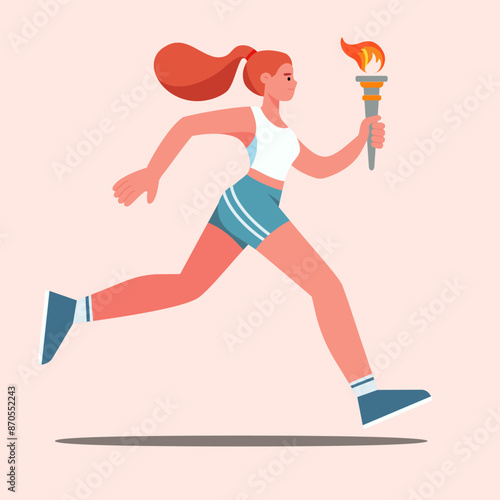Sports athletic girl running with a flaming torch. Female torchbearer at an international sports event. Vector illustration