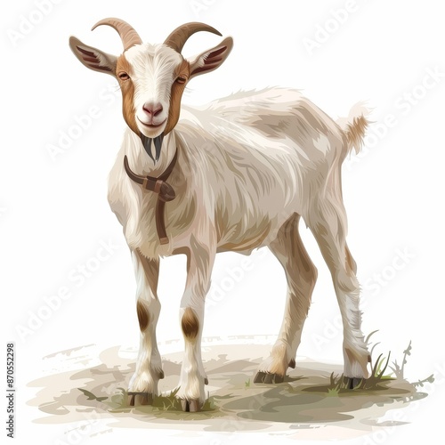 A goat is standing in a field with a white background