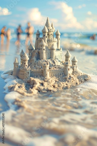 A detailed sandcastle built on the shore, with a softly blurred background of waves and beachgoers 