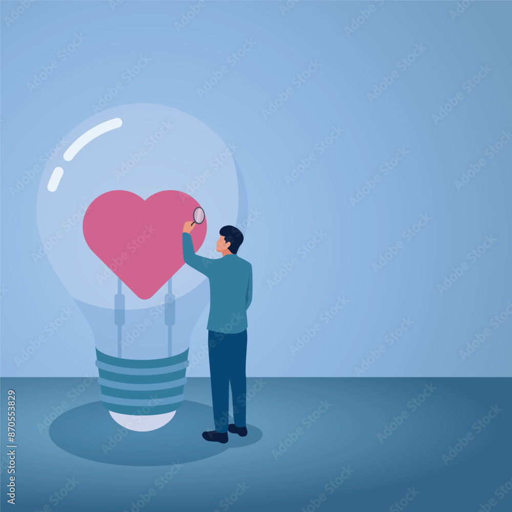 A man looks at a heart in a lamp glass through a magnifying glass, an illustration of looking for passion. A man looks at a heart in a lamp glass through a magnifying glass, an illustration of looking for passion.