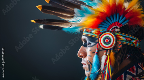 Native American man wearing intricate and colorful traditional regalia at a powwow.,  Chumash Day Powwow and Intertribal Gathering. Details of regalia close up. photo