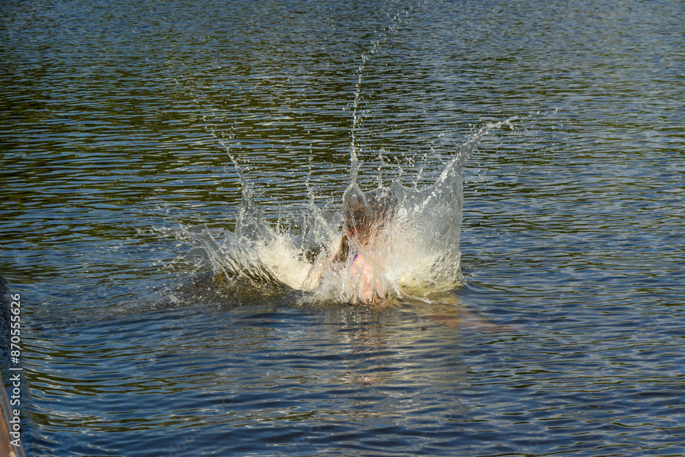 Fototapeta premium Young woman jumping into the lake