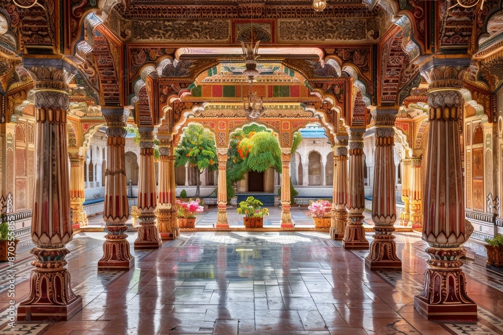 Fototapeta premium Intricately designed traditional Indian architecture with ornate pillars and vibrant decor, capturing the essence of cultural heritage.