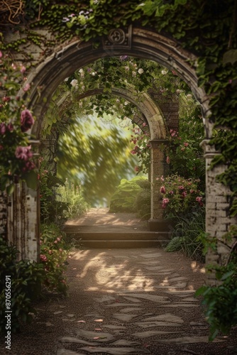 An archway covered in vines and flowers, with a softly blurred background of a charming garden pathway © grey