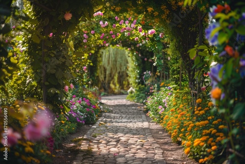 An archway covered in vines and flowers, with a softly blurred background of a charming garden pathway © grey