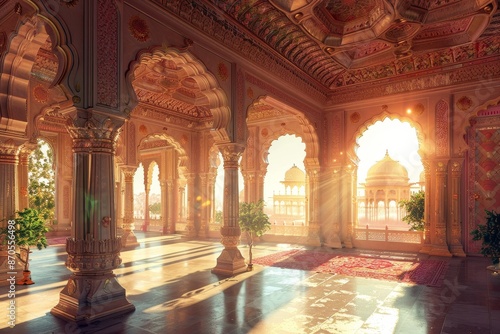 Sunlight streams through the arches of a beautifully ornate palace interior, highlighting intricate architectural details and luxurious decor.