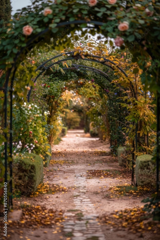 Obraz premium An archway covered in vines and flowers, with a softly blurred background of a charming garden pathway