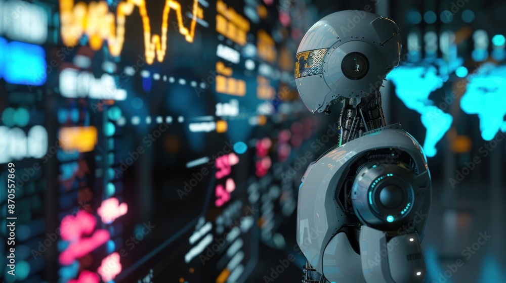 A futuristic robot stands and looks at colorful graphs showing future stock market data. 3D generated images A futuristic robot stands and looks at colorful graphs showing future stock market data. 3D generated images