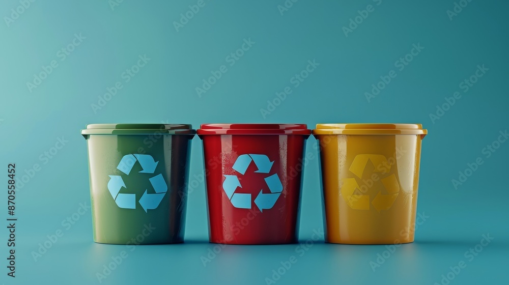 Three trash cans with a recycling symbol on them Three trash cans with a recycling symbol on them