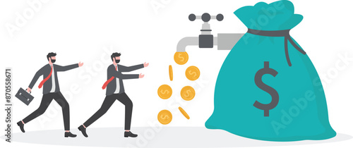 A group of businessmen carry gold coins from a huge purse

