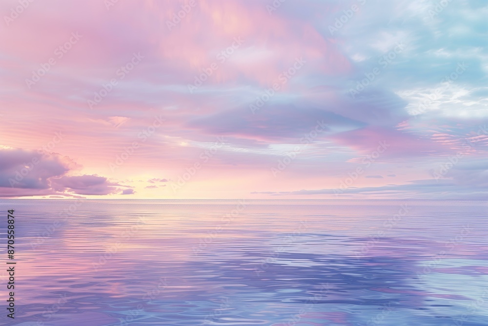 Fototapeta premium serene sunset over the ocean, with the sky painted in soft pink and purple hues and the calm water reflecting the colors