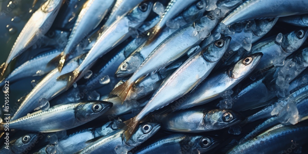 Fresh Catch - Abundant Seafood on Ice, A large group of sardines, Photo of a pile of sardines Fresh Catch - Abundant Seafood on Ice, A large group of sardines, Photo of a pile of sardines