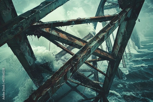 The twisted metal beams of a collapsed bridge resemble a tangled web a striking image of the destruction caused by the unforgiving waves photo