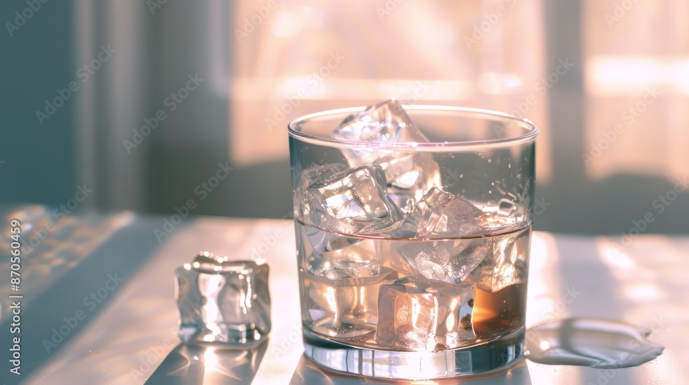A whiskey glass is filled with ice cubes that glow in the sunlight. on a white background A whiskey glass is filled with ice cubes that glow in the sunlight. on a white background
