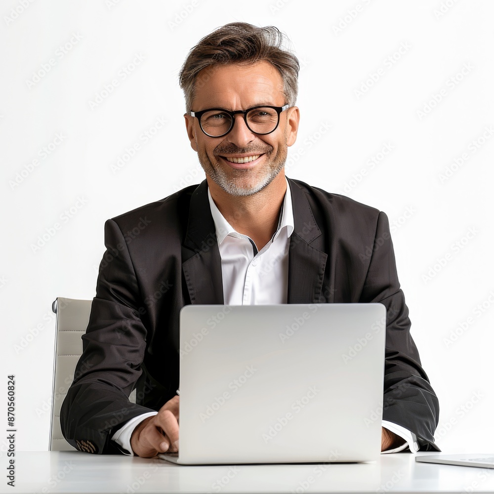 Confident Executive: Smiling Mature Businessman Using Laptop at Desk - Isolated on White Confident Executive: Smiling Mature Businessman Using Laptop at Desk - Isolated on White