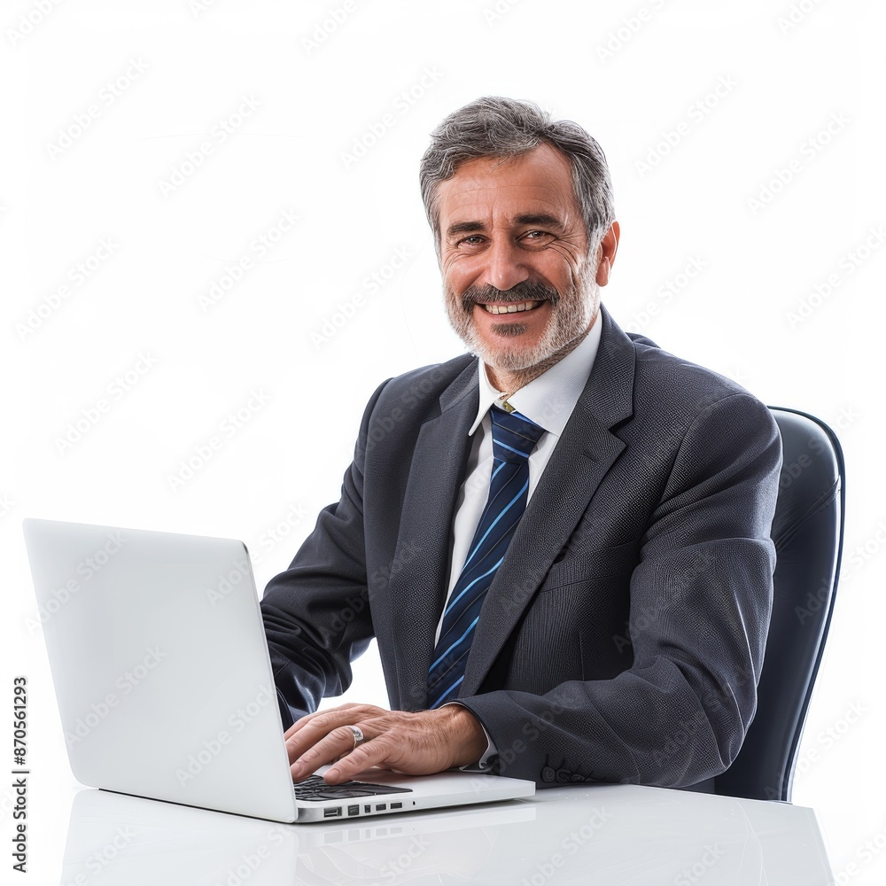 Confident Executive: Smiling Mature Businessman Using Laptop at Desk - Isolated on White Confident Executive: Smiling Mature Businessman Using Laptop at Desk - Isolated on White