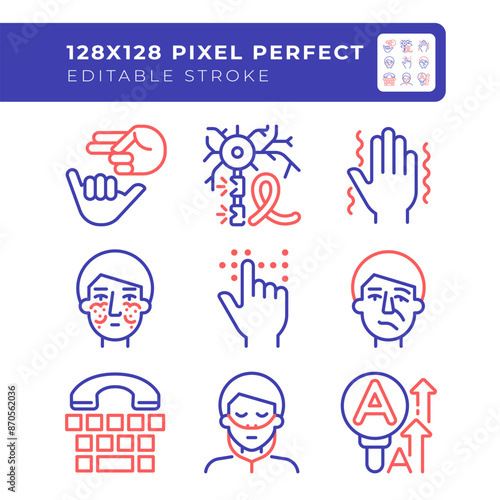 Neurology disease two color line icons set. Deaf nonverbal communication. Face paralysis, genetic disorder. bicolor outline iconset isolated. Duotone pictograms thin linear. Editable stroke