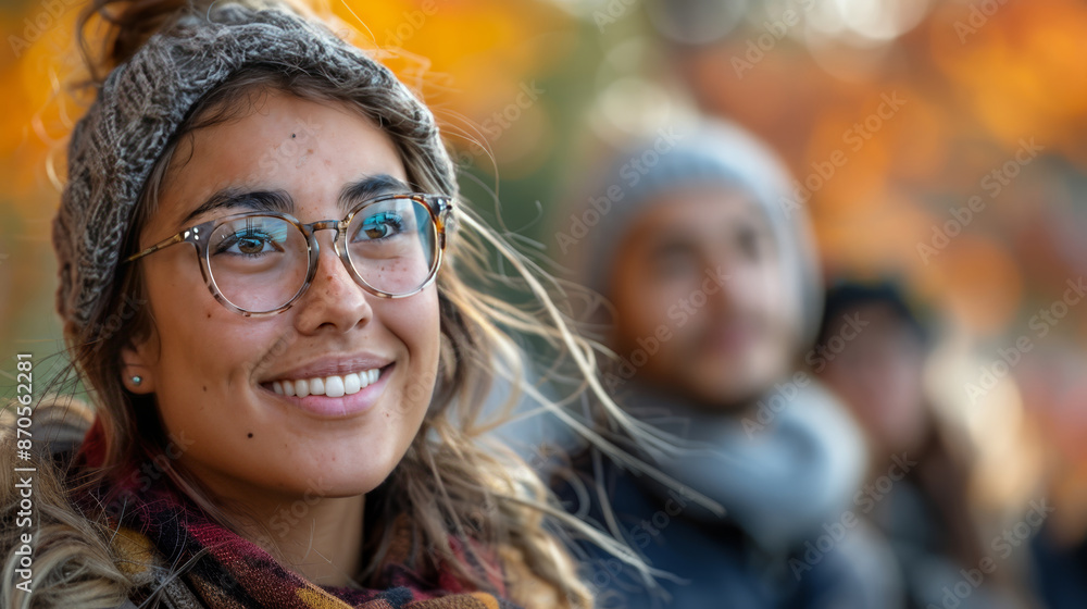Young Woman Smiling in Autumn Park with Friends.. Young Woman Smiling in Autumn Park with Friends..