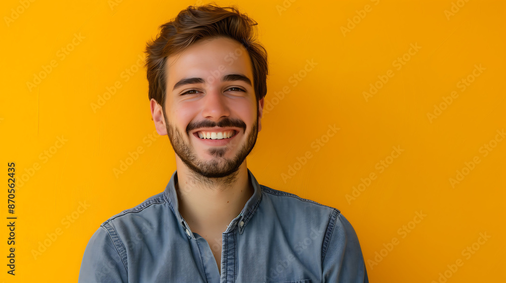 Fototapeta premium A millennial man in a happy, confident pose, smiling at the camera against a solid yellow background