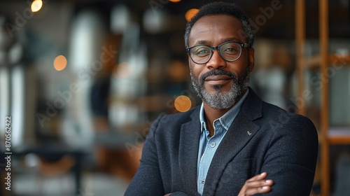businessman corporate portrait in office, mature black middle aged manager business man. Portrait of happy african man wearing spectacles and looking at camera.