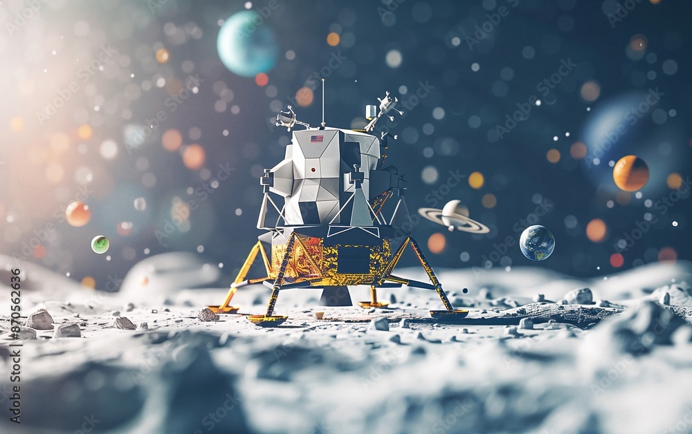 Fototapeta premium A tiny lunar lander, nestled on the moon's surface, gazes up at a sky filled with twinkling stars and friendly planets.