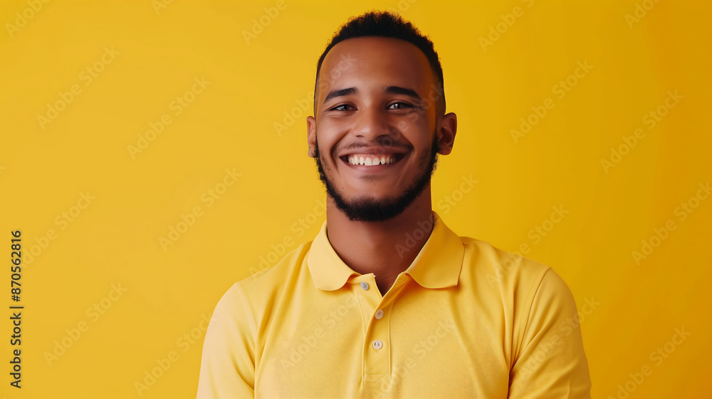 Obraz premium A millennial man in a polo shirt, confidently smiling at the camera against a solid yellow background