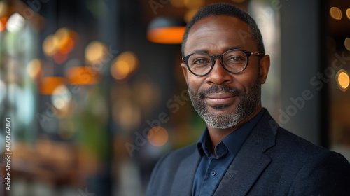 businessman corporate portrait in office, mature black middle aged manager business man. Portrait of happy african man wearing spectacles and looking at camera. © armensl
