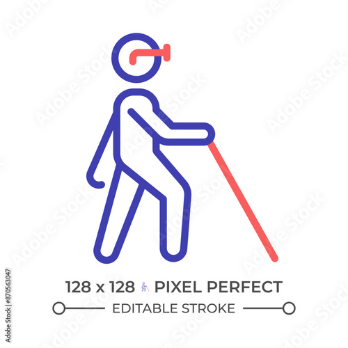 Blind with cane two color line icon. Vision loss, walking stick. Disabled person. Blindness diagnose bicolor outline symbol. Duotone linear pictogram. Isolated illustration. Editable stroke
