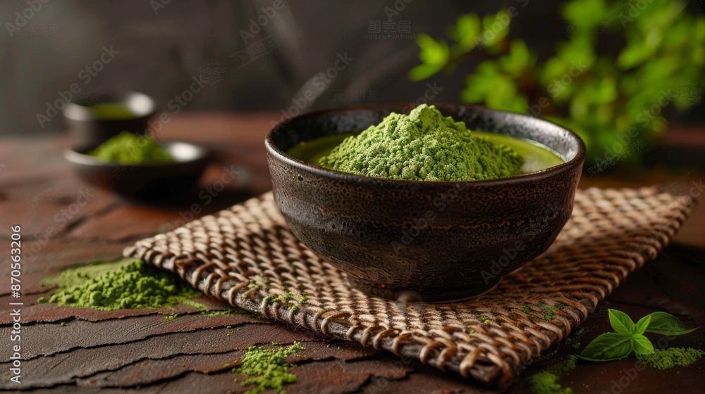 Close-up shot of green matcha powder in a bowl on a wooden table with a woven mat. The vibrant green color contrasts nicely with the dark surroundings Close-up shot of green matcha powder in a bowl on a wooden table with a woven mat. The vibrant green color contrasts nicely with the dark surroundings