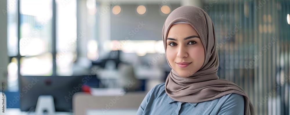 Fototapeta premium Portrait of a woman in a hijab, standing confidently in a modern, welllit office