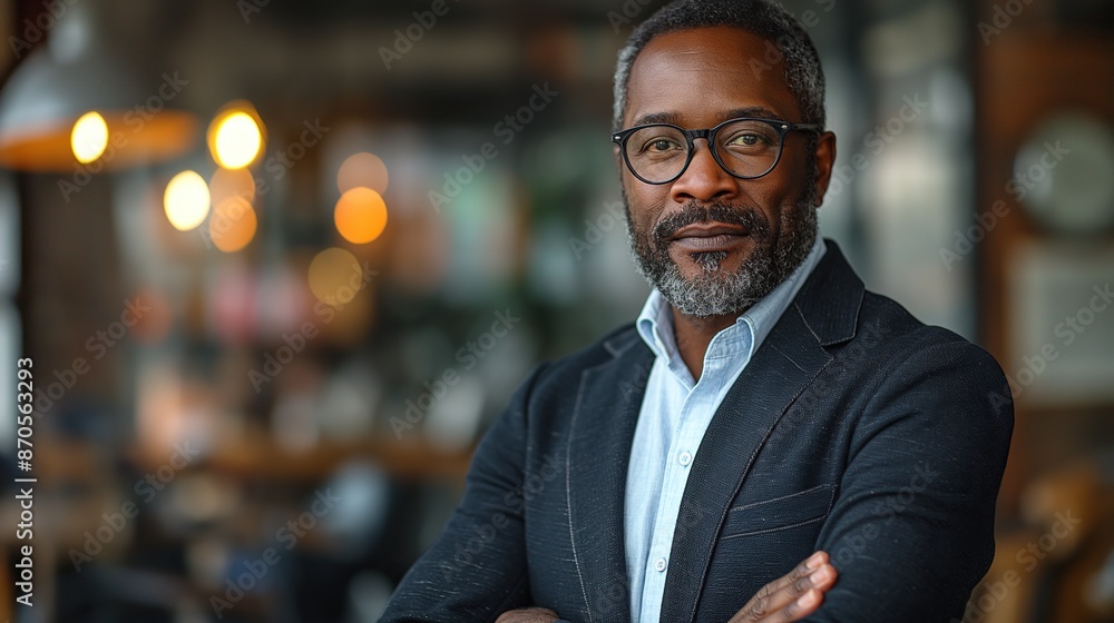 Fototapeta premium businessman corporate portrait in office, mature black middle aged manager business man. Portrait of happy african man wearing spectacles and looking at camera.