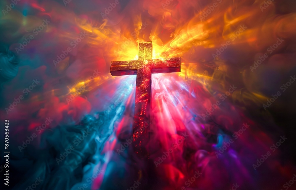 Fototapeta premium Light beams converge to form a cross against a backdrop of swirling, colorful smoke, creating an ethereal and spiritual atmosphere with high contrast lighting and vivid hues.