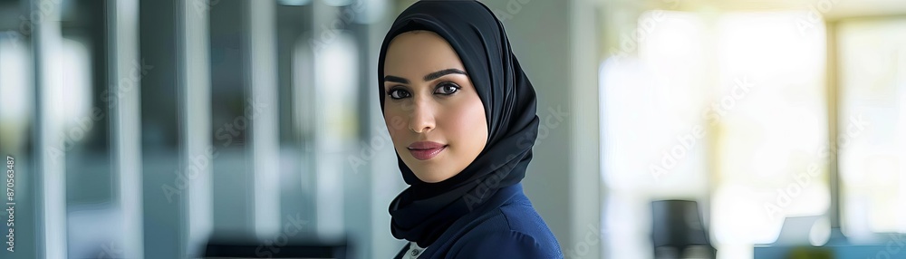 Confident businesswoman in a hijab, standing in a brightly lit, contemporary office space Confident businesswoman in a hijab, standing in a brightly lit, contemporary office space
