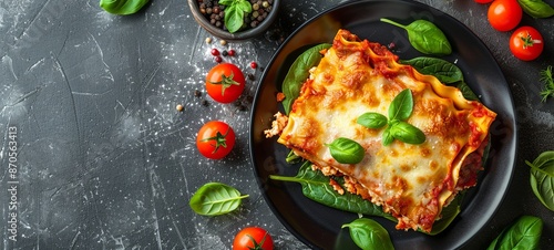 Italian lasagna with tomato sauce and cheese, served with tomatoes and spinach, on a light concrete background.