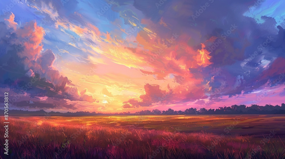 Tranquil Sunset Illuminating Colorful Sky Over Serene Meadow Tranquil Sunset Illuminating Colorful Sky Over Serene Meadow