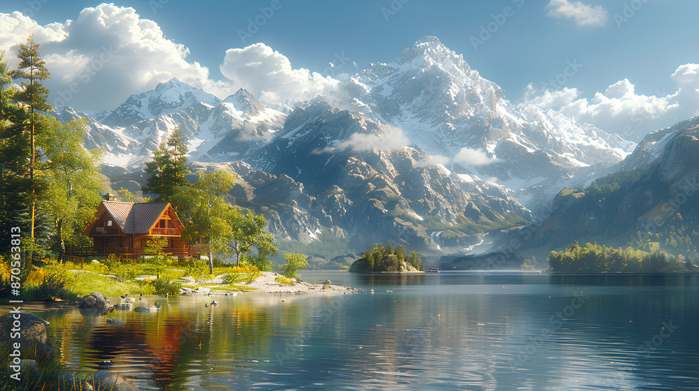 A beautiful cabin on the shore of an alpine lake, surrounded by towering snow-capped mountains and lush green forests. A beautiful cabin on the shore of an alpine lake, surrounded by towering snow-capped mountains and lush green forests.