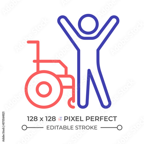 Patient recovery two color line icon. Physical therapy, hospital discharge. Illness rehabilitation bicolor outline symbol. Duotone linear pictogram. Isolated illustration. Editable stroke