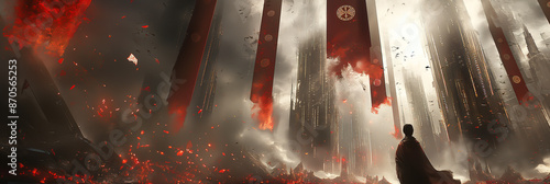 A lone figure stands amidst a misty landscape, with large red banners hanging in the background.