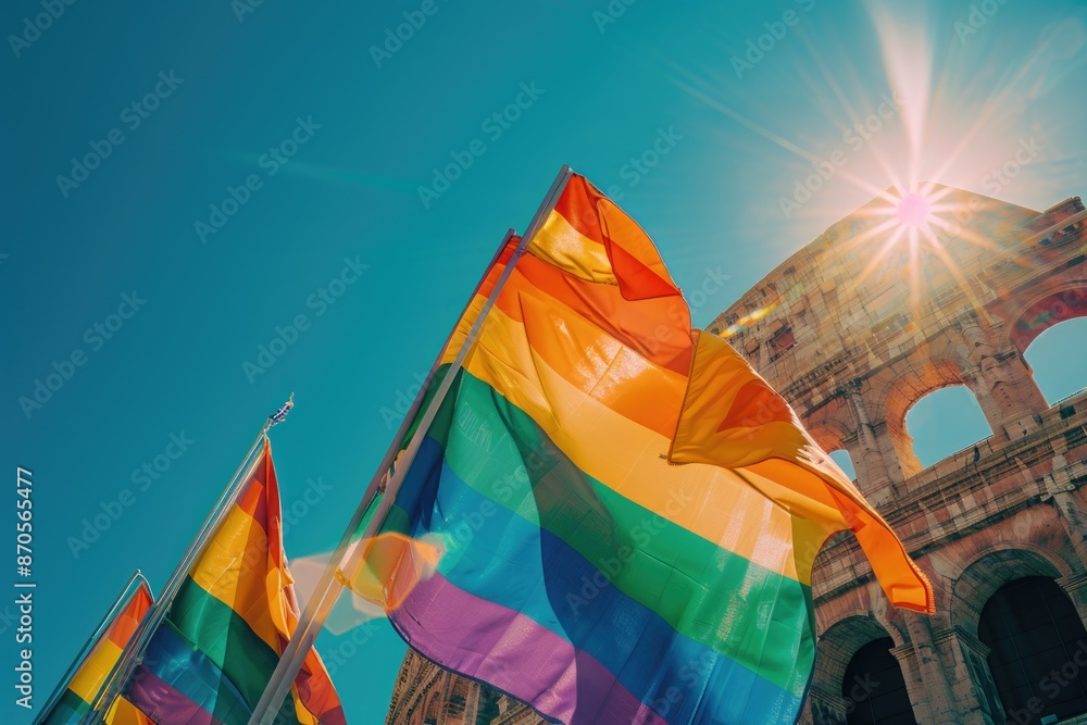 Rainbow flags in front of a building Rainbow flags in front of a building