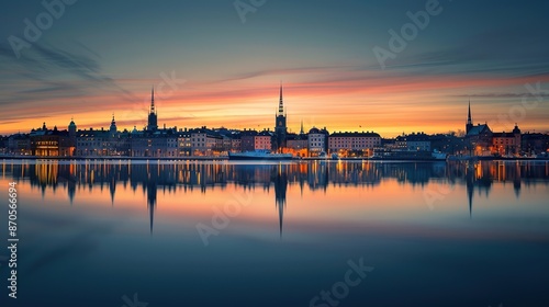 Stockholm's skyline at sunset with water reflections and a clear horizon for text