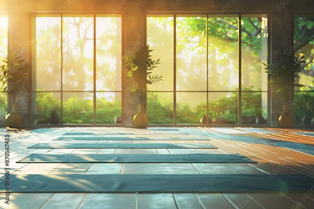 A spacious yoga studio with mats on the floor, large windows letting in natural light, and a peaceful ambiance ideal for meditation and exercise. A spacious yoga studio with mats on the floor, large windows letting in natural light, and a peaceful ambiance ideal for meditation and exercise.