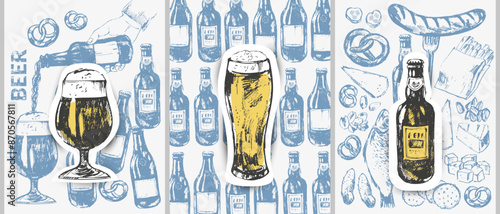 Vector beer illustration set. Beer bottles, glass, mug, snacks, hand holding beer bottle