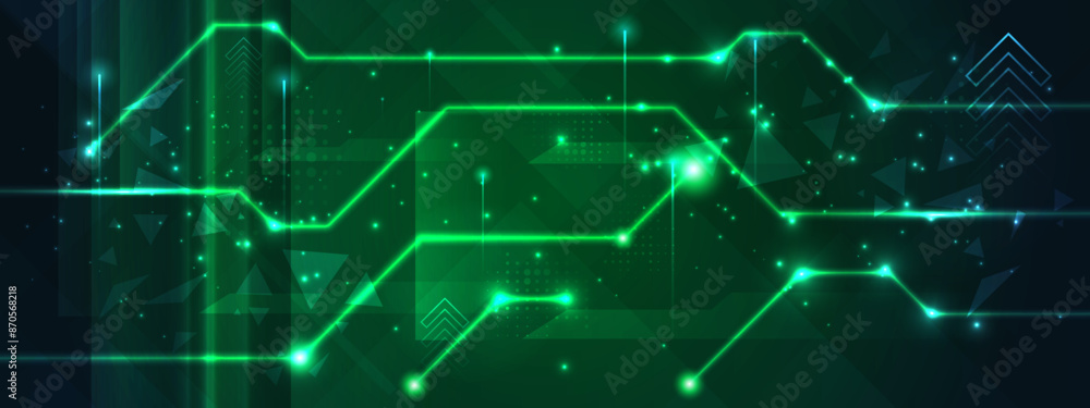 Fototapeta premium Digital neon lines horizontal landscape. Green light design for wallpaper, banner, poster, background.