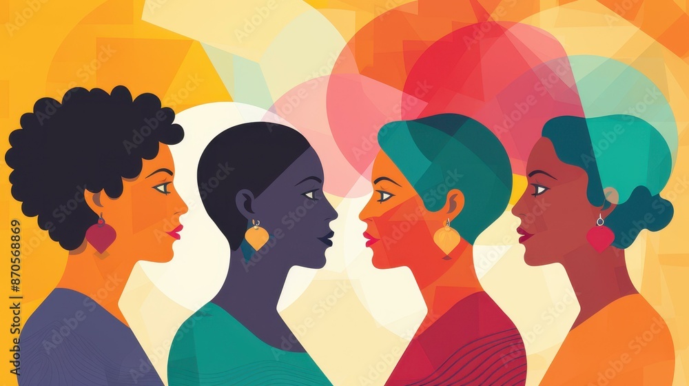 Three diverse women profiles with colorful speech bubbles representing their creative ideas and intelligence. Three diverse women profiles with colorful speech bubbles representing their creative ideas and intelligence.