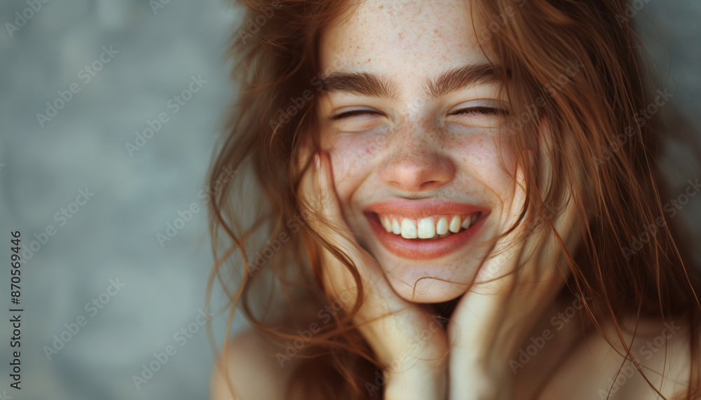 young woman with a radiant smile, closed eyes, and a joyful expression. Her face is framed by her tousled hair, and she has a natural, freckled complexion, exuding happiness and natural beauty young woman with a radiant smile, closed eyes, and a joyful expression. Her face is framed by her tousled hair, and she has a natural, freckled complexion, exuding happiness and natural beauty