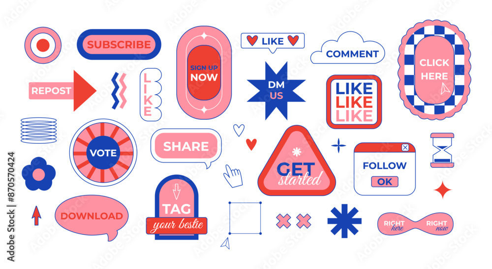 Social media call-to-action stickers set. Popular clickable prompt buttons for web. Icons, tags, labels. Retro vintage nostalgia. Marketing and communication. Vector isolated on white. Social media call-to-action stickers set. Popular clickable prompt buttons for web. Icons, tags, labels. Retro vintage nostalgia. Marketing and communication. Vector isolated on white.