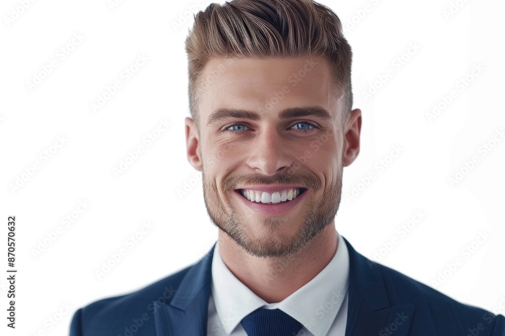 Portrait of smiling Caucasian man in formal suit on white background. Portrait of smiling Caucasian man in formal suit on white background.