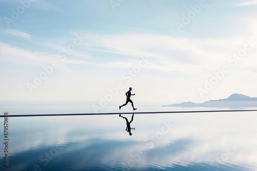 Young man running in a serene and minimalist landscape, sport background, pro training in nature for a marathon, motivation concept wallpaper, serenity of the early morning, peaceful journey