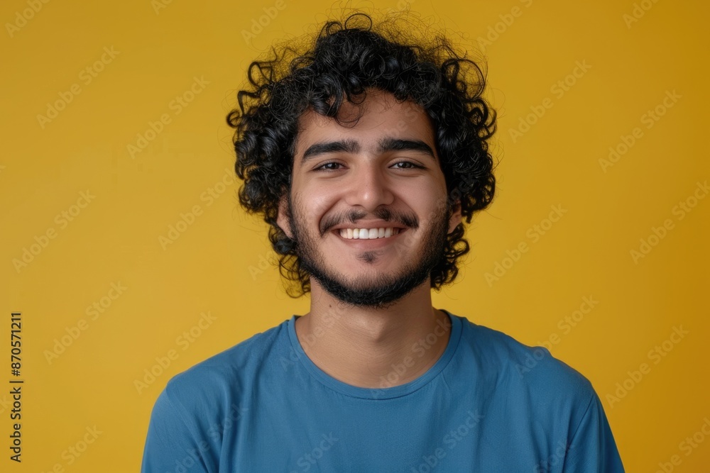 Happy Indian man in blue shirt posing on yellow background. Happy Indian man in blue shirt posing on yellow background.